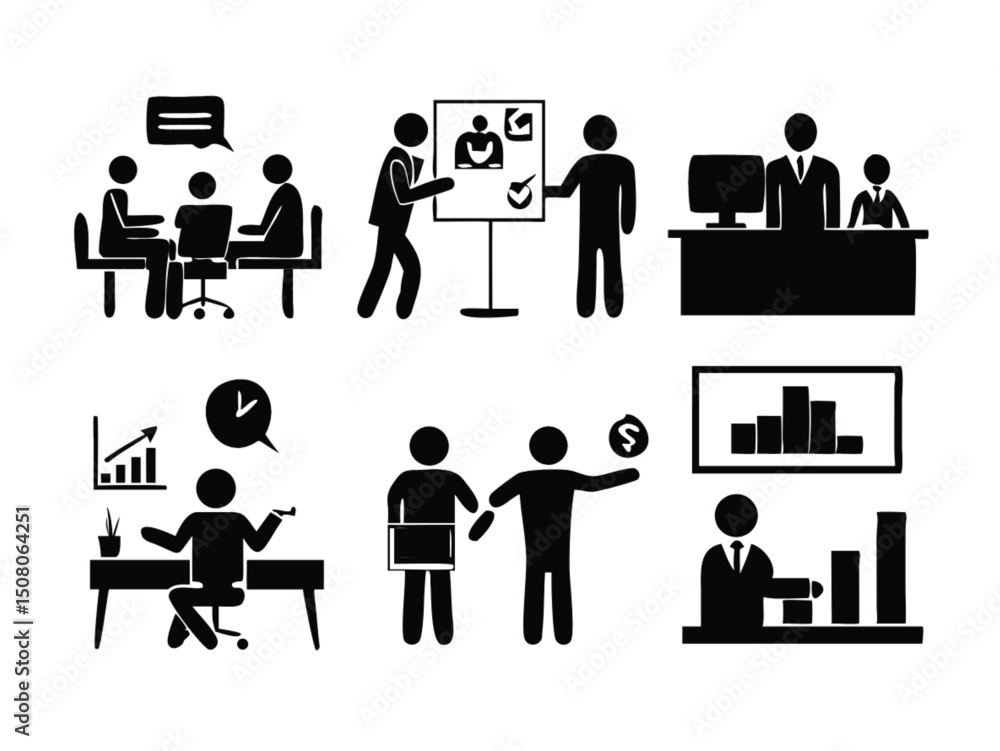 Fototapeta premium Business people vector pictogram set with diverse office worker silhouettes and finance student figures