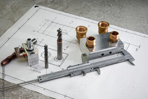 Metalworking concept showing end mills, caliper, machined parts and brass fittings lying on a technical drawing
