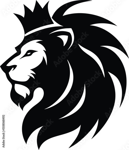 Majestic lion head wears a crown, portraying strength and regal authority with powerful black silhouette
