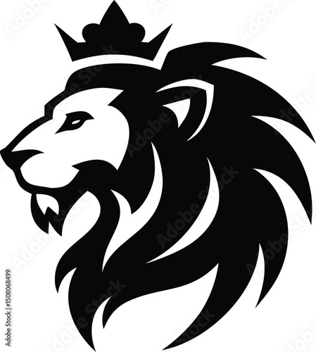 Majestic black lion head confidently wears a crown, showcasing regal power and authority