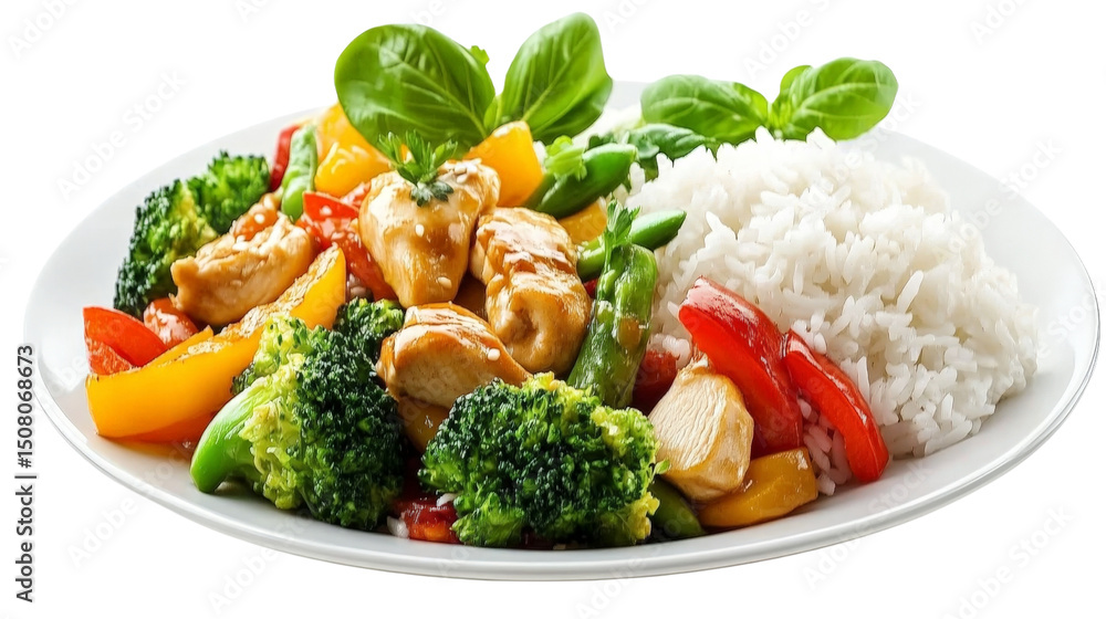 A plate of chicken stir-fry with colorful vegetables and rice, Transparent background, PNG file A plate of chicken stir-fry with colorful vegetables and rice, Transparent background, PNG file