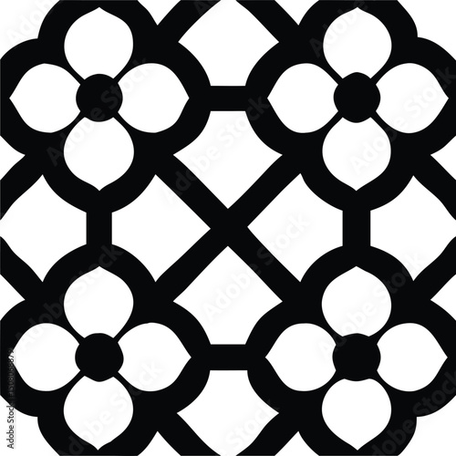 Seamless pattern shows black floral quatrefoil and trellis grid on a white backdrop