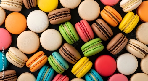 Rainbow French Macarons: Colorful Sweet Pastry Assortment (Flat Lay).