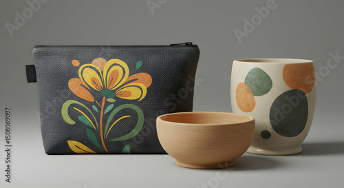 Stylish Floral Pouch Wooden Bowl Ceramic Cup Set Home Decor