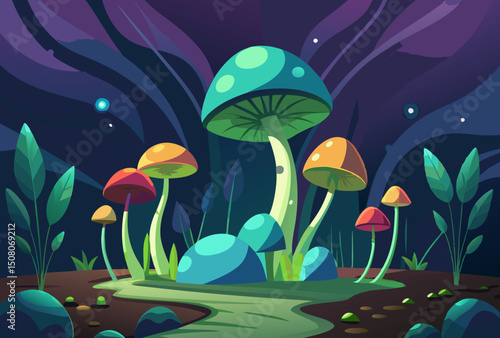 Enchanted Forest. A Fantasy Mushroom Night Scene
