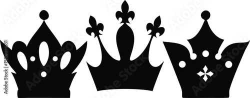 Three ornate black silhouettes of crowns stand in a simple regal row over white