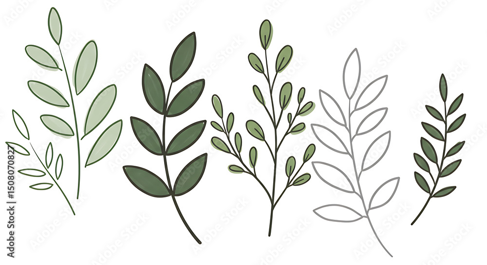 Naklejka premium Collection of Hand Drawn Greenery Botanical Leaves Floral Elements Spring Branches Green Foliage