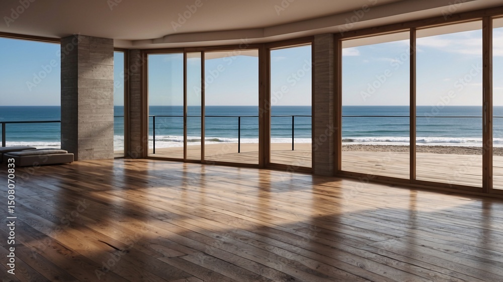 Fototapeta premium Oceanfront Living Room Stunning Panoramic Beach Views from Modern Minimalist Design Home