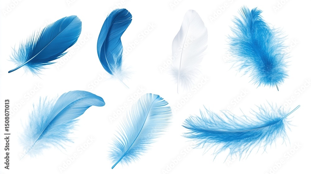 Nine feathers, blue and white, various angles, isolated on white background Nine feathers, blue and white, various angles, isolated on white background