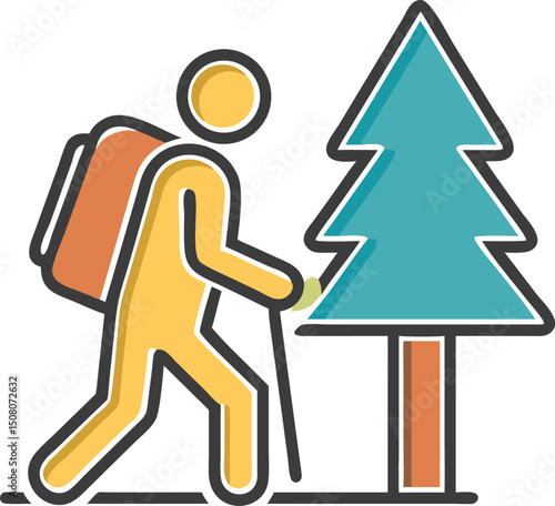 Hiking Icon with Backpack and Walking Stick Near a Pine Tree