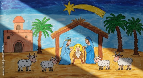 Overhead View of a Children’s Nativity Scene Drawing in Vibrant Colors