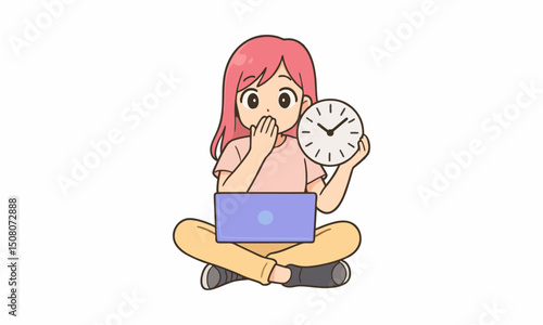 cute woman holding clock time management deadline concept cartoon illustration