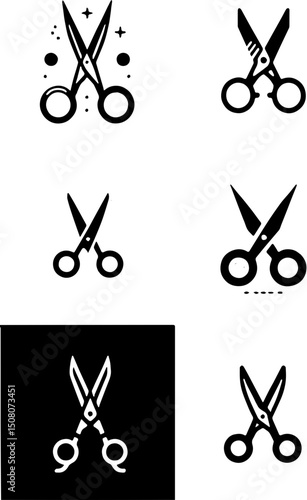 vector illustrations of scissors in simple and decorative black-and-white styles