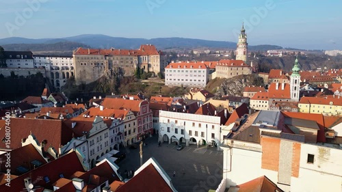 Wallpaper Mural Cesky Krumlov, Czech Republic: Cinematic aerial orbit drone footage of Cesky Krumlov old town main square with the castle and the famous Cloak Bridge in Czech Republic Bohemia region. Torontodigital.ca