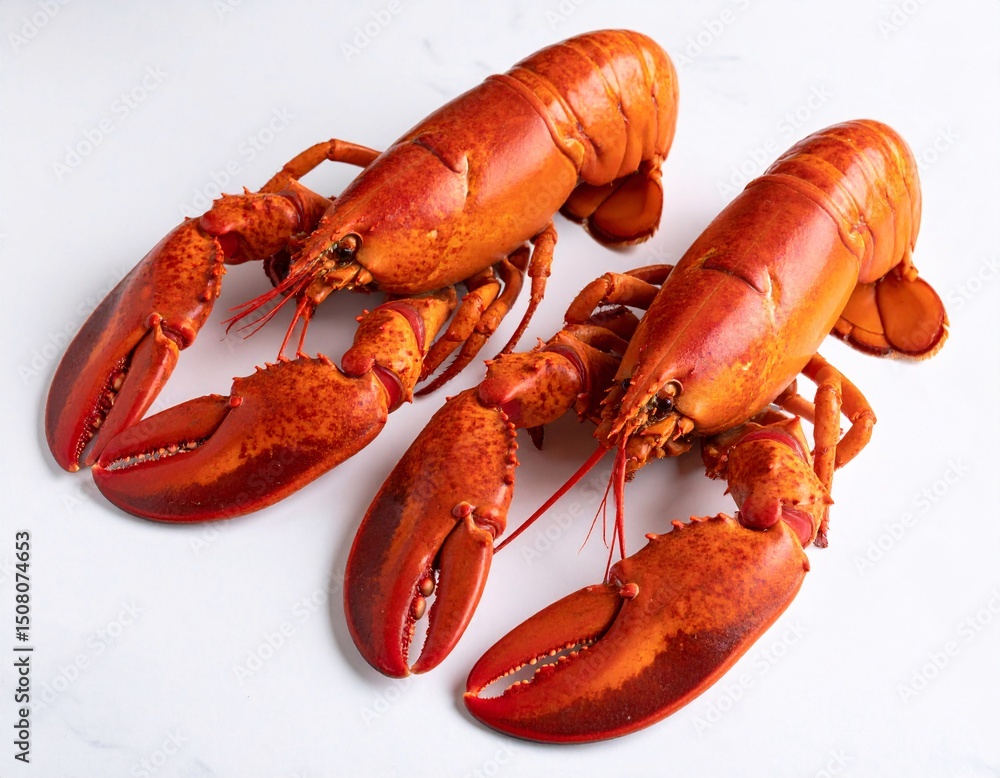© Betty - Two vibrant cooked lobsters ready to enjoy. Two cleaned lobsters with claws intact, arranged side-by-side on a pristine white surface