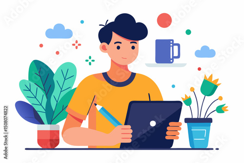 Vector illustration of a freelance illustrator drawing on a tablet surrounded by colorful art tools