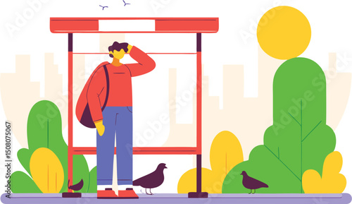 A person waiting at a bus stop with pigeons and a sunny day illustration