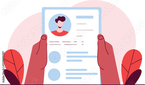 A person's resume being reviewed by hands in a flat style illustration
