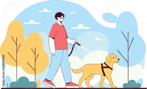 A visually impaired person walks in the park with a golden labrador guide dog