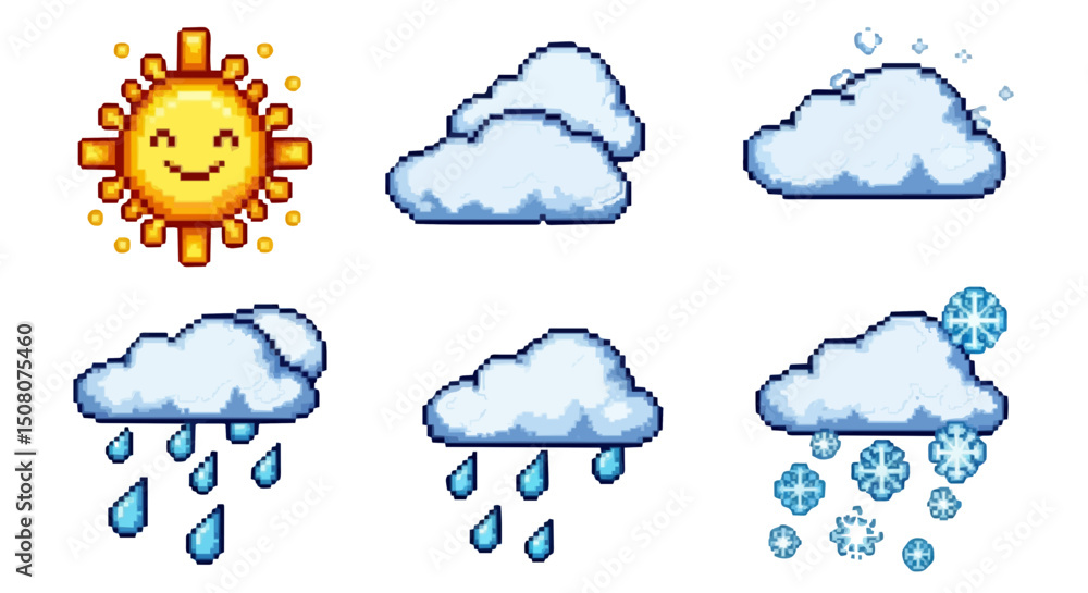 Fototapeta premium Pixel art weather icons showing sun, clouds, rain, snow and mixed conditions in a simple graphic style