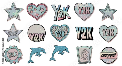 Collection of y2k themed stickers including stars hearts dolphins and a chuoppily banner design