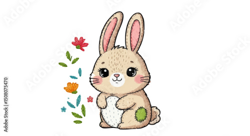 Cute bunny with pink cheeks and a green patch surrounded by flowers and leaves on a white background