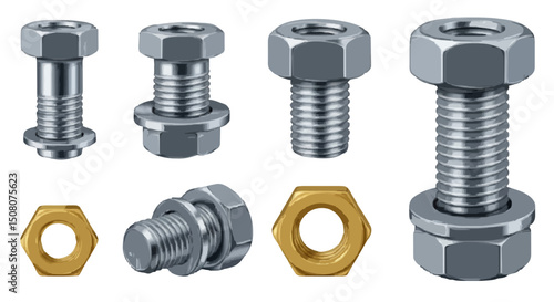Illustration of various metal bolts and nuts with different sizes and configurations shown together
