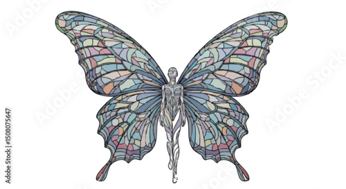 Illustration of a humanoid figure with large stained glass butterfly wings on a white background