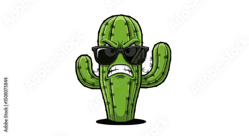 An angry cartoon cactus with sunglasses and a scowl stands against a white background looking tough