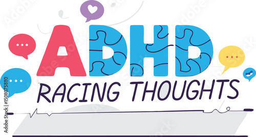 Colorful illustration depicting adhd and racing thoughts with speech bubbles and jigsaw design
