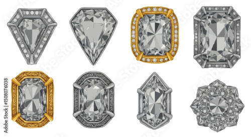 Collection of eight differently shaped and ornamented clear gemstone jewelry pieces displayed together