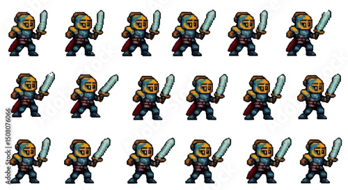 Pixelated spritesheet showing multiple images of a knight holding a sword in a standing position