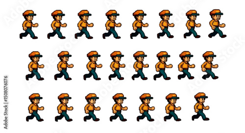 Pixelated character sprite sheet showing a man in a cap running in a side scrolling animation sequence