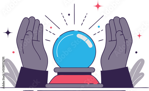 Crystal ball surrounded by hands concept for fortune telling and divination prediction