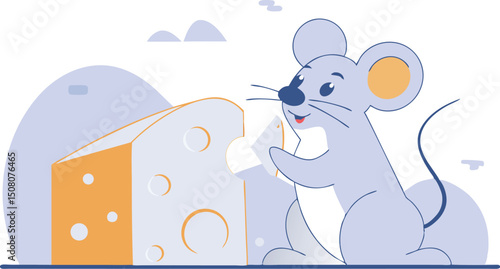 Cute cartoon mouse happily holding cheese slice with large swiss cheese block nearby