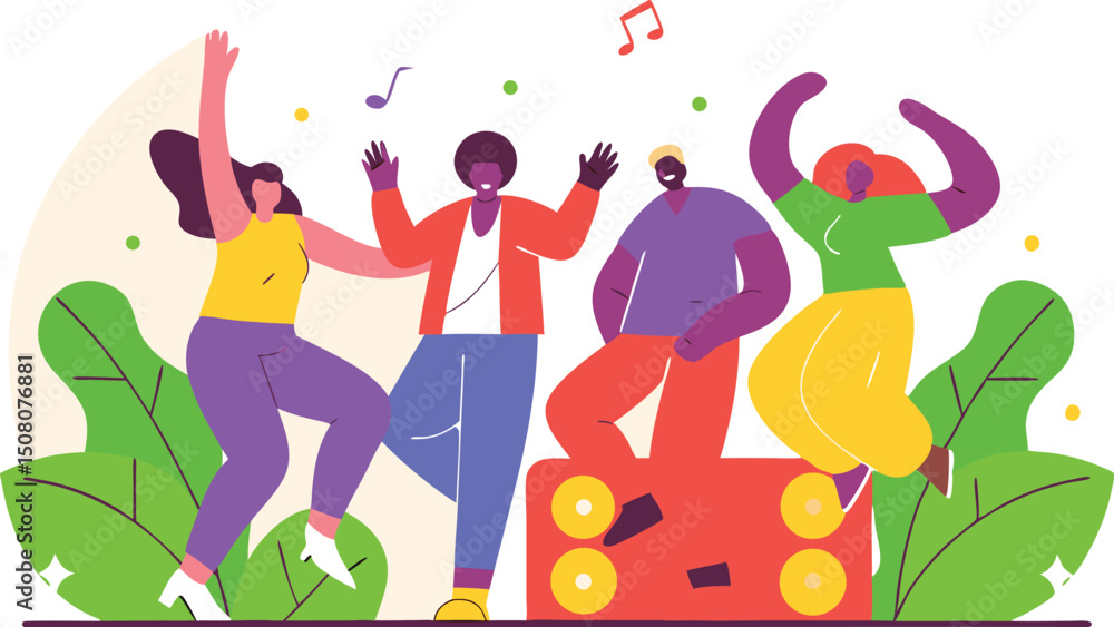 Diverse group of people dancing joyfully to music in a colorful flat illustration Diverse group of people dancing joyfully to music in a colorful flat illustration