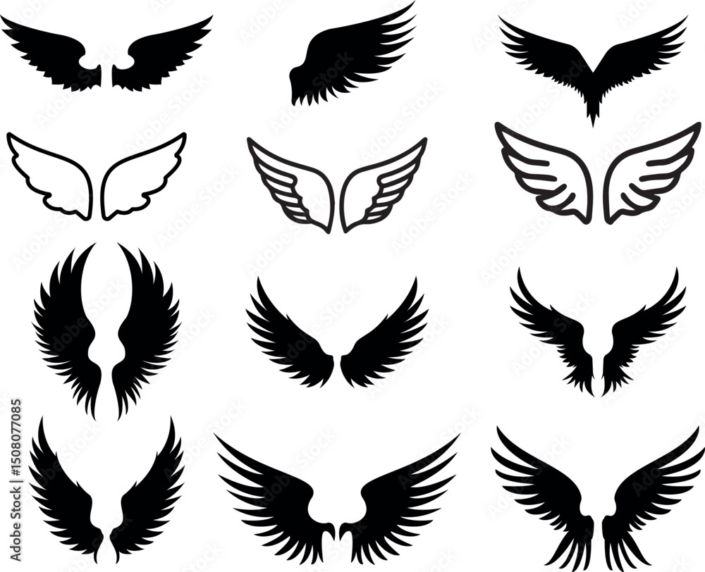 Obraz premium Black Angel Wings Silhouette Set Vector Illustration