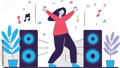 Energetic woman dancing joyfully in front of loudspeakers with musical notes and plants