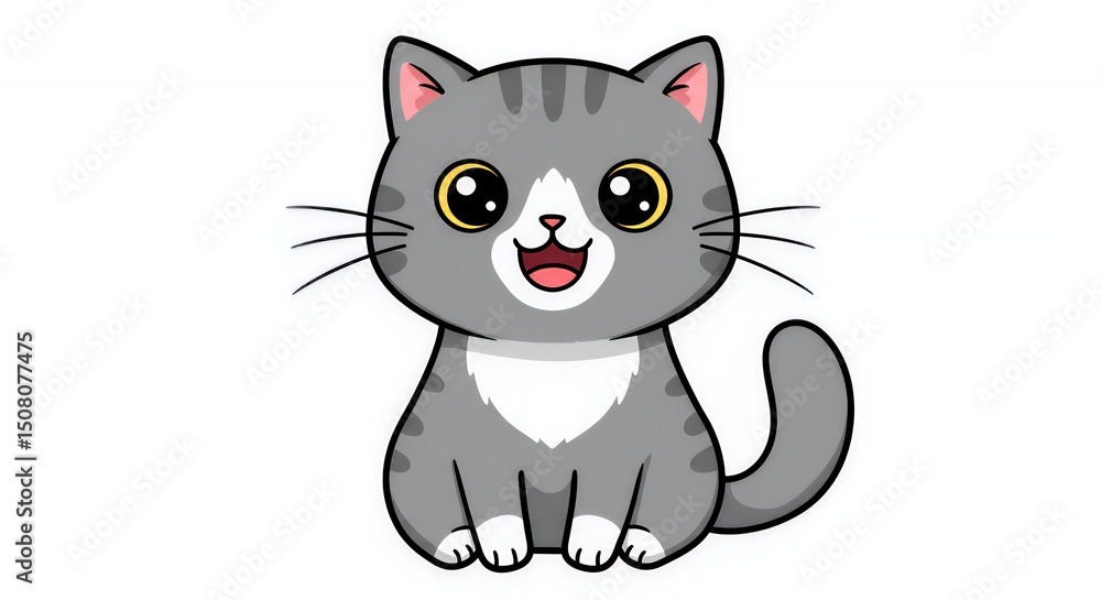 Fototapeta premium Cute Gray Cartoon Cat with White Fur Sitting and Smiling Isolated on White Background