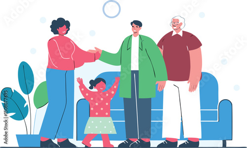 Family gathering illustration featuring parents grandparents and a cheerful child at home together