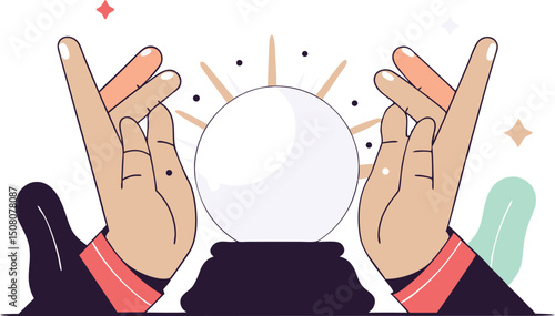 Hands surrounding crystal ball illustrating fortune telling and predictions vector illustration