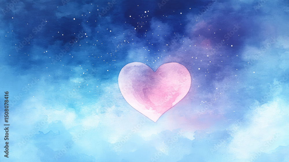 Fototapeta premium Watercolor heart with dreamy clouds and starry sky