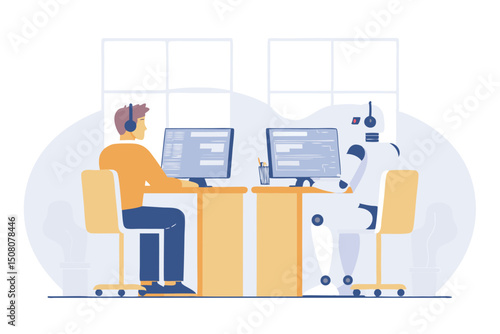 Human and robot working together at desks in a modern technology office setting