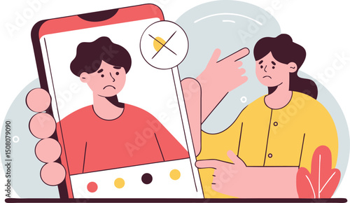 Illustration of a video call ending abruptly between two upset individuals on a smartphone