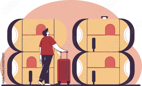 Illustration of a traveler standing with luggage next to stacked capsule hotel pods