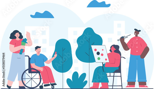 Illustration of diverse people engaging in art and expression in a community setting