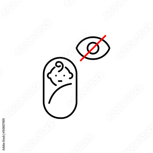 Vector icon of baby swaddle with crossed-out eye, symbolizing hidden baby monitor, private mode, or invisible status. Ideal for parenting apps, smart baby devices, and privacy settings