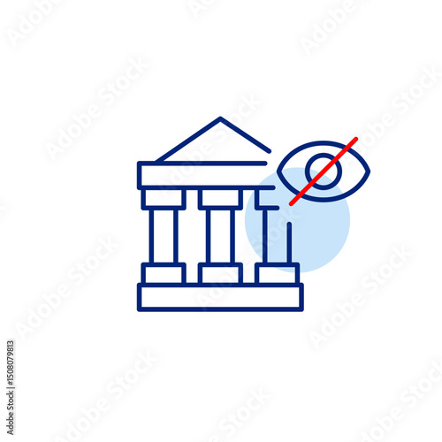 Vector icon of bank building with crossed-out eye, symbolizing hidden account, private banking, or invisible financial data. Ideal for fintech apps, security settings, and UI design