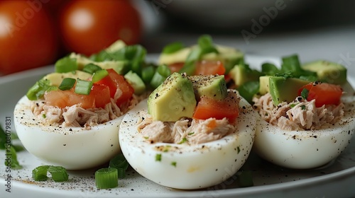 Deviled eggs with tuna salad avocado and tomato garnish on a plate close up food photography