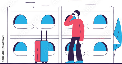 Man drinking near luggage in a hostel dorm room illustration vector graphic